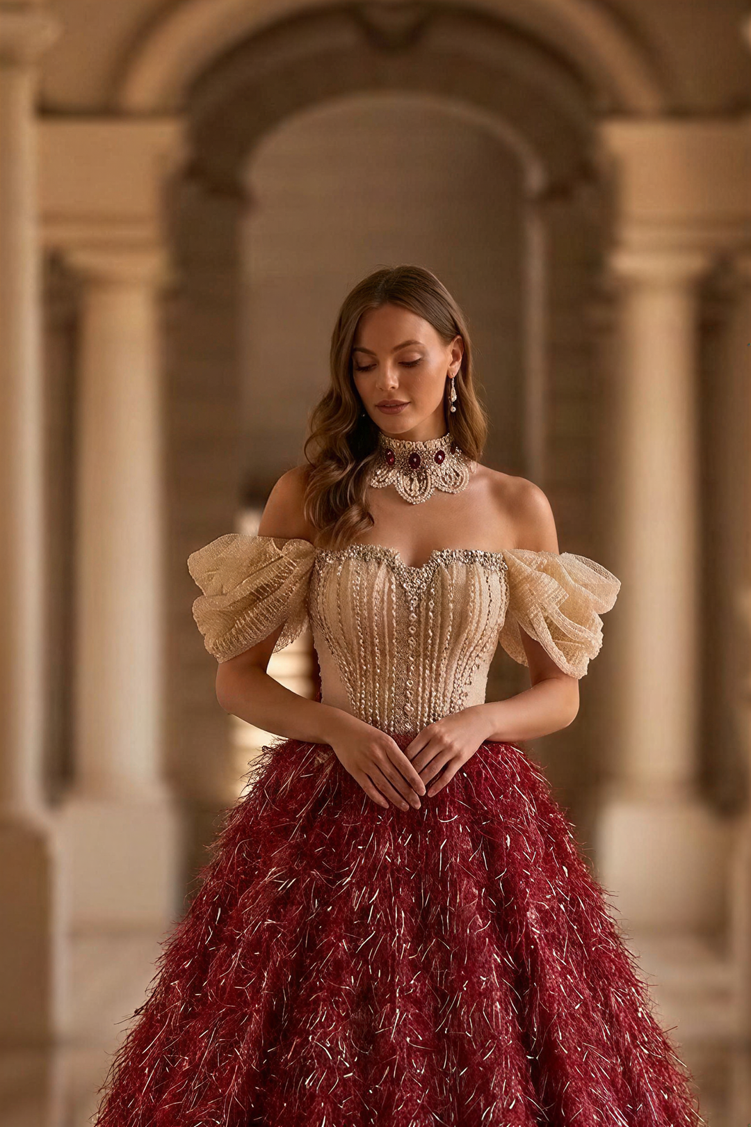 Burgundy Feathered Ball Gown with Crystal Corset Bodice and Draped Off Shoulder Sleeves Luxury Regal Evening Dress Couture Formal Gown Plus Size