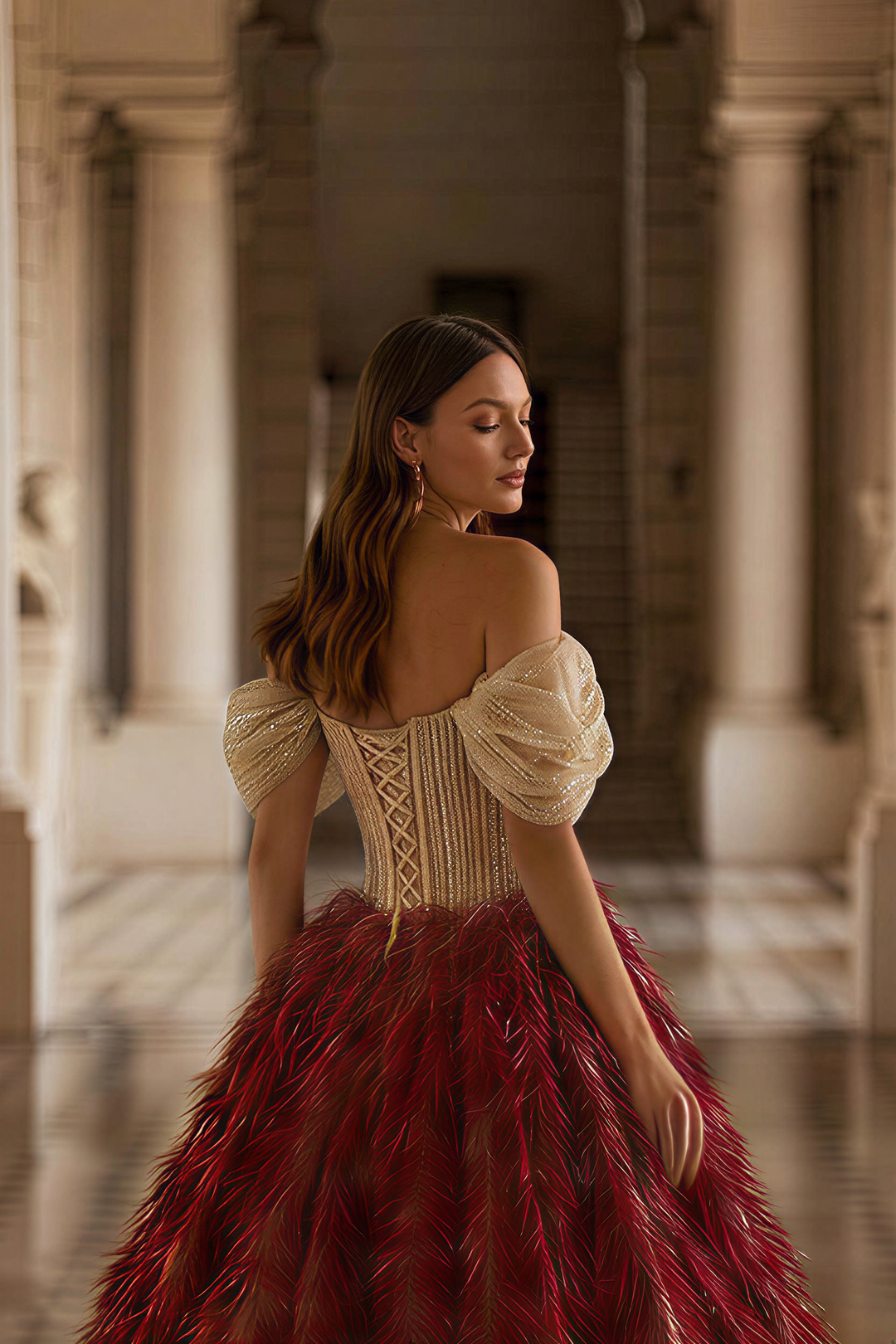 Burgundy Feathered Ball Gown with Crystal Corset Bodice and Draped Off Shoulder Sleeves Luxury Regal Evening Dress Couture Formal Gown Plus Size