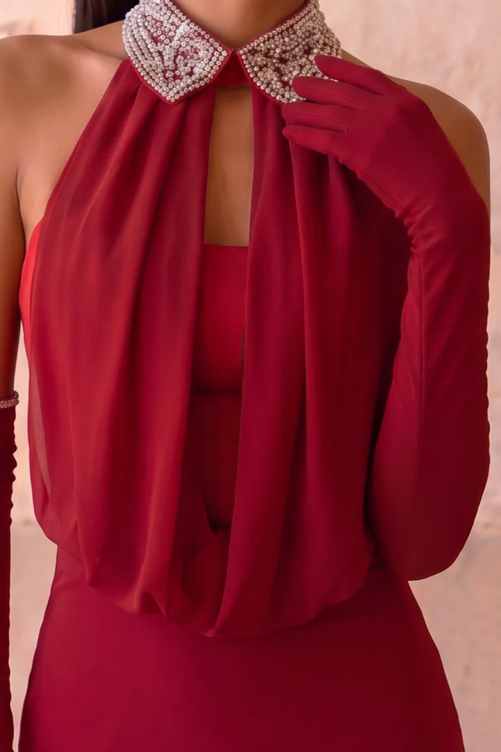 Burgundy Halter Mermaid Prom Dress with Beaded Collar & Drape Formal Gown Plus Size