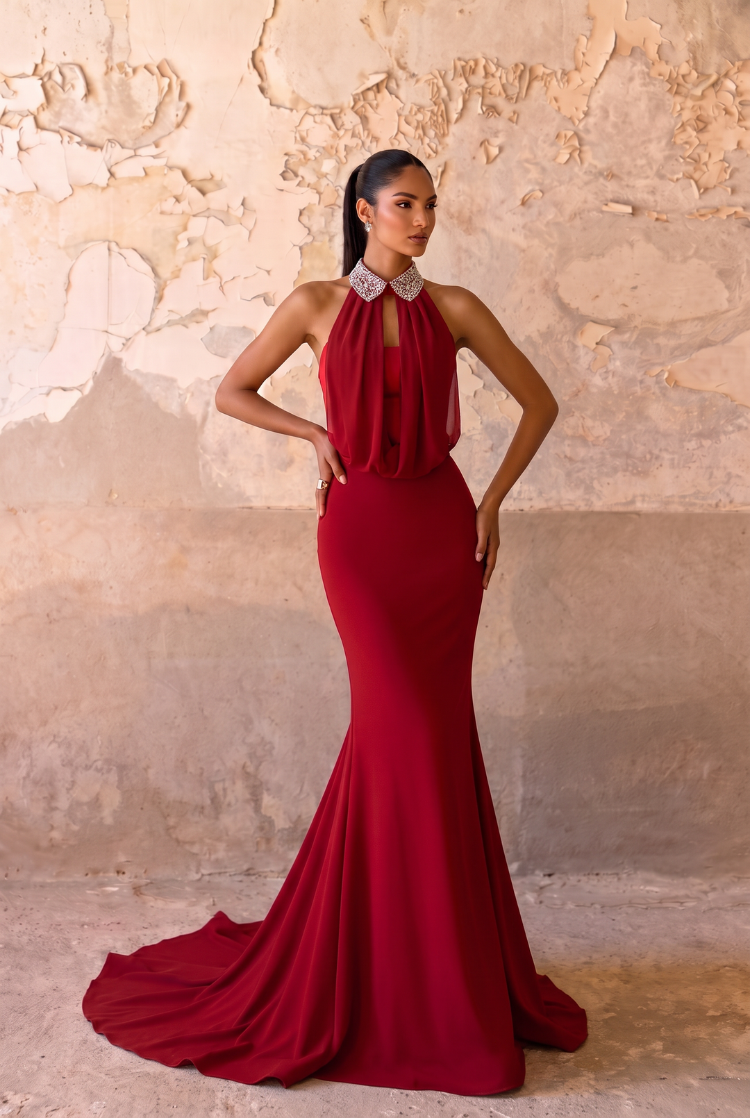 Burgundy Halter Mermaid Prom Dress with Beaded Collar & Drape Formal Gown Plus Size