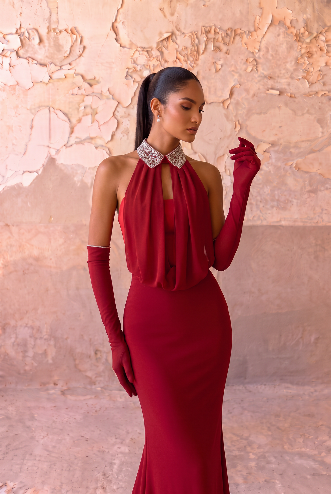 Burgundy Halter Mermaid Prom Dress with Beaded Collar & Drape Formal Gown Plus Size