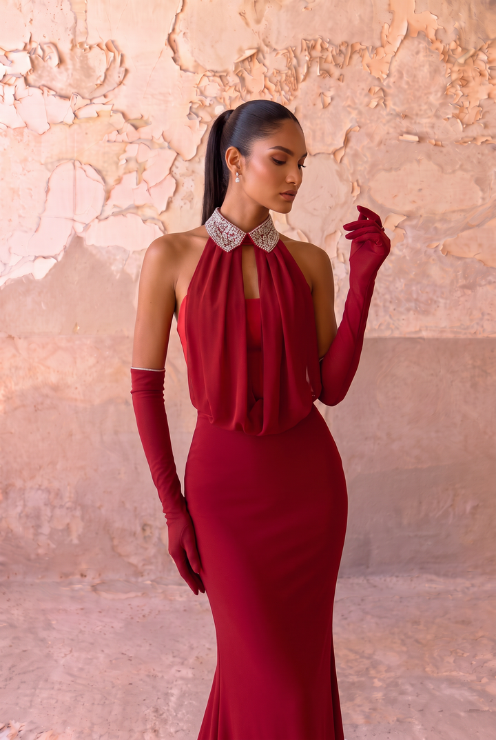 Burgundy Halter Mermaid Prom Dress with Beaded Collar & Drape Formal Gown Plus Size
