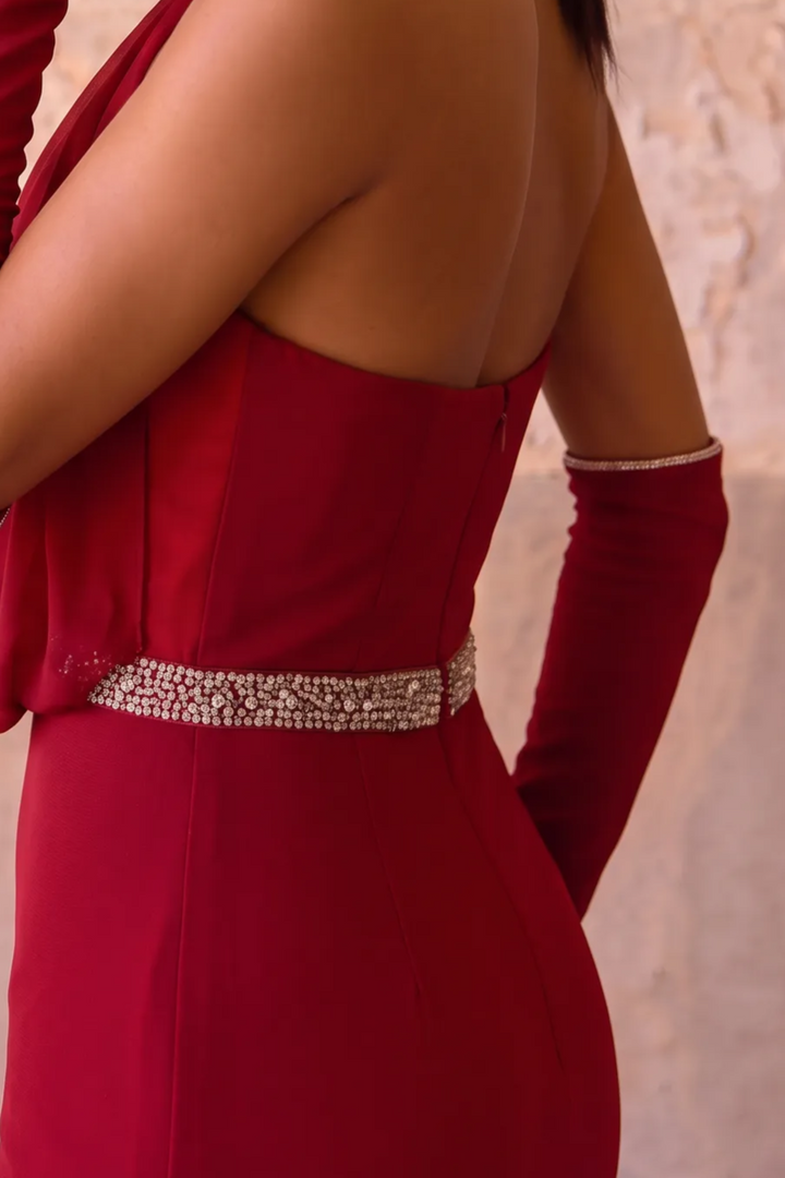 Burgundy Halter Mermaid Prom Dress with Beaded Collar & Drape Formal Gown Plus Size