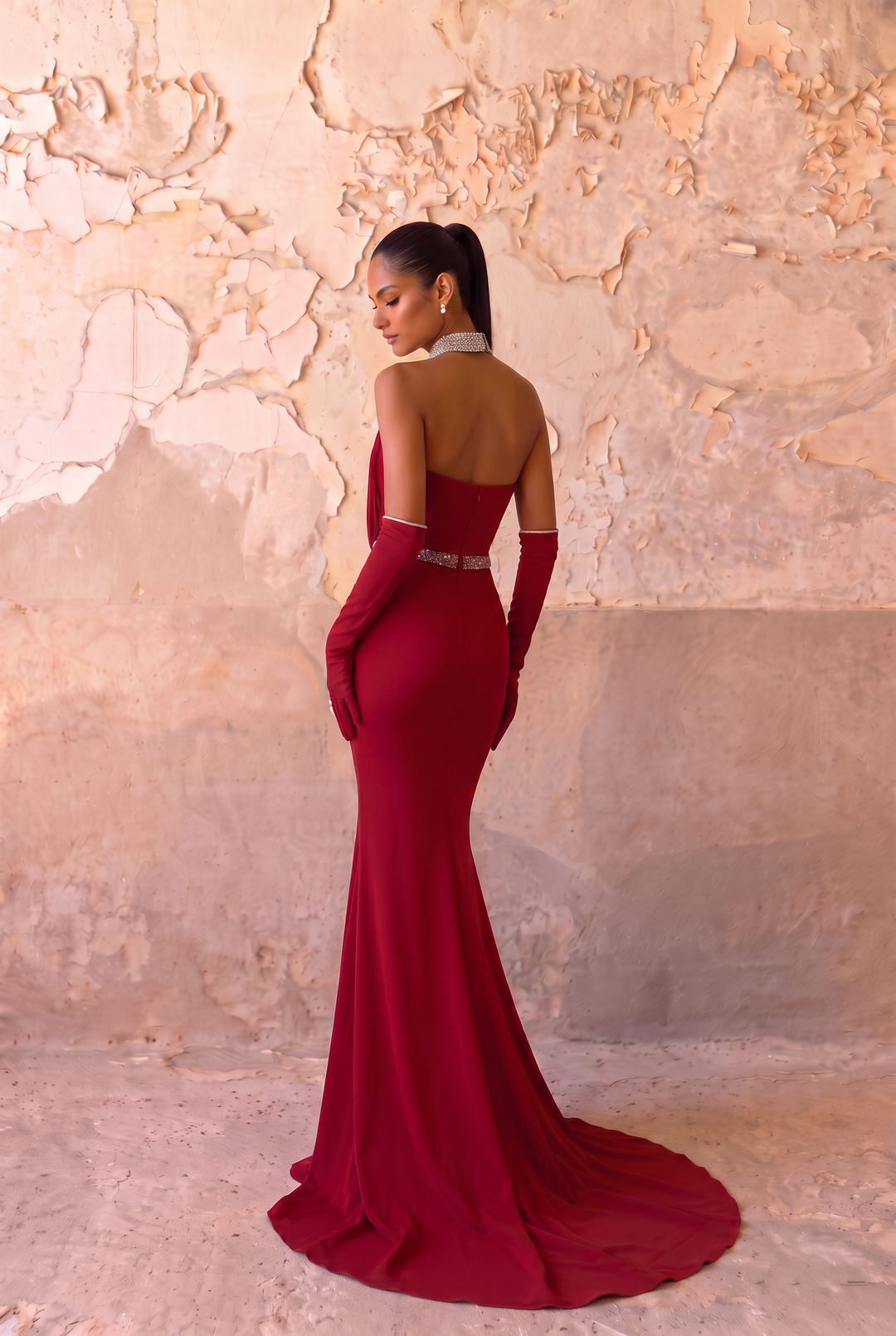 Burgundy Halter Mermaid Prom Dress with Beaded Collar & Drape Formal Gown Plus Size