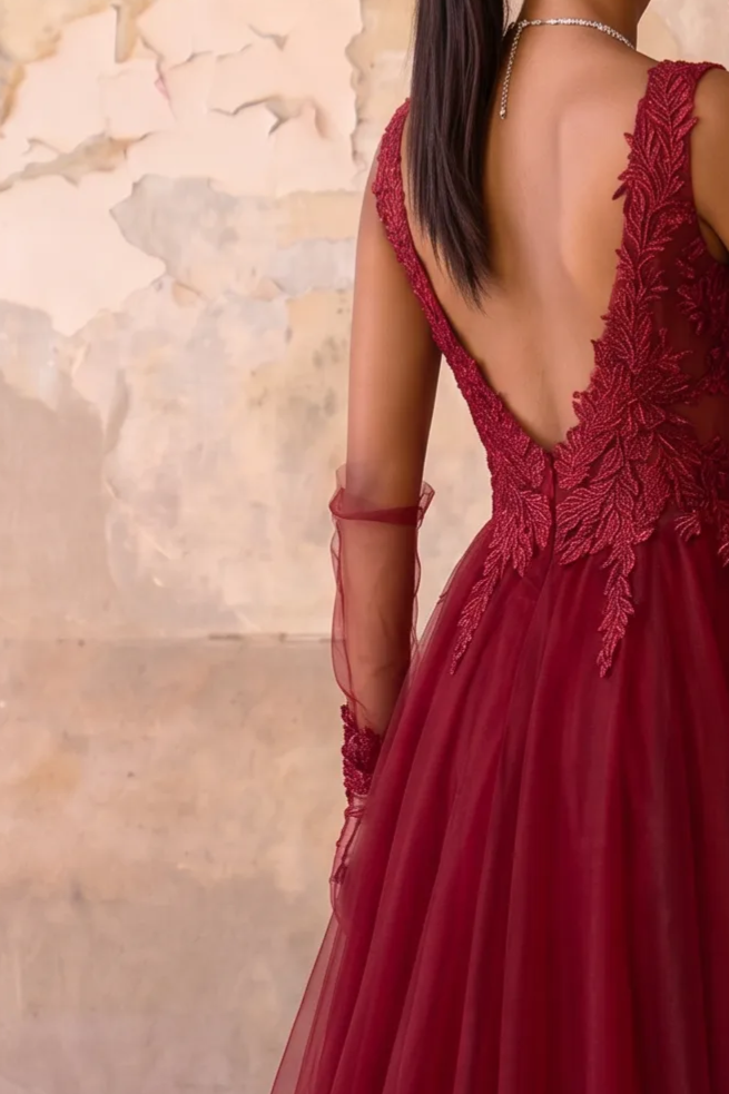 Burgundy Lace A-Line Tulle Prom Dress with Illusion Waist & Open Back Formal Gown Plus Size