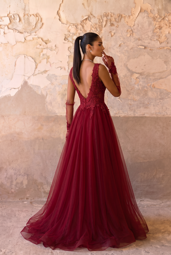 Burgundy Lace A-Line Tulle Prom Dress with Illusion Waist & Open Back Formal Gown Plus Size