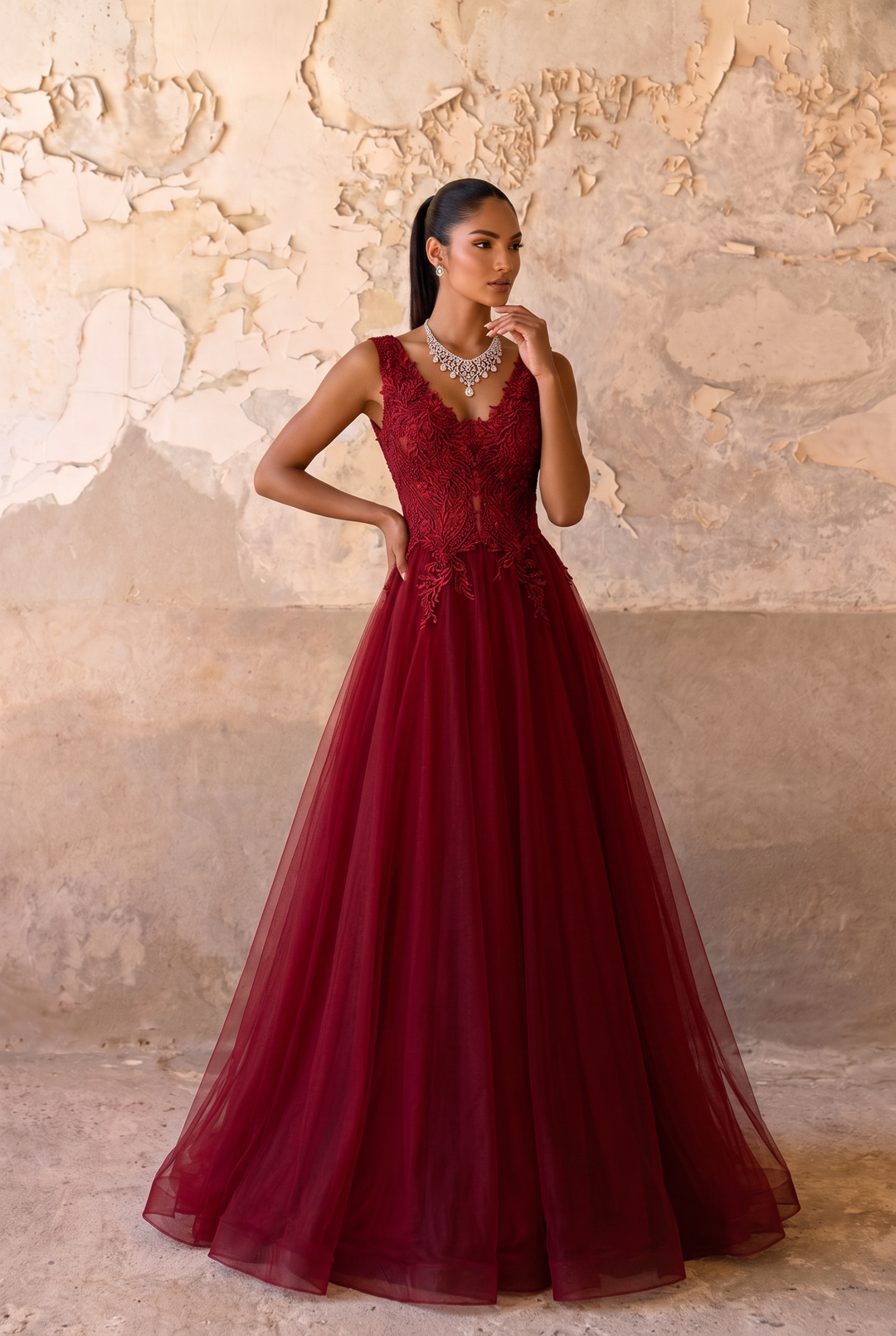 Burgundy Lace A-Line Tulle Prom Dress with Illusion Waist & Open Back Formal Gown Plus Size