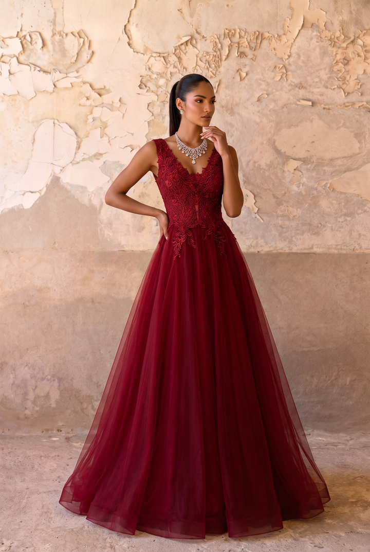 Burgundy Lace A-Line Tulle Prom Dress with Illusion Waist & Open Back Formal Gown Plus Size