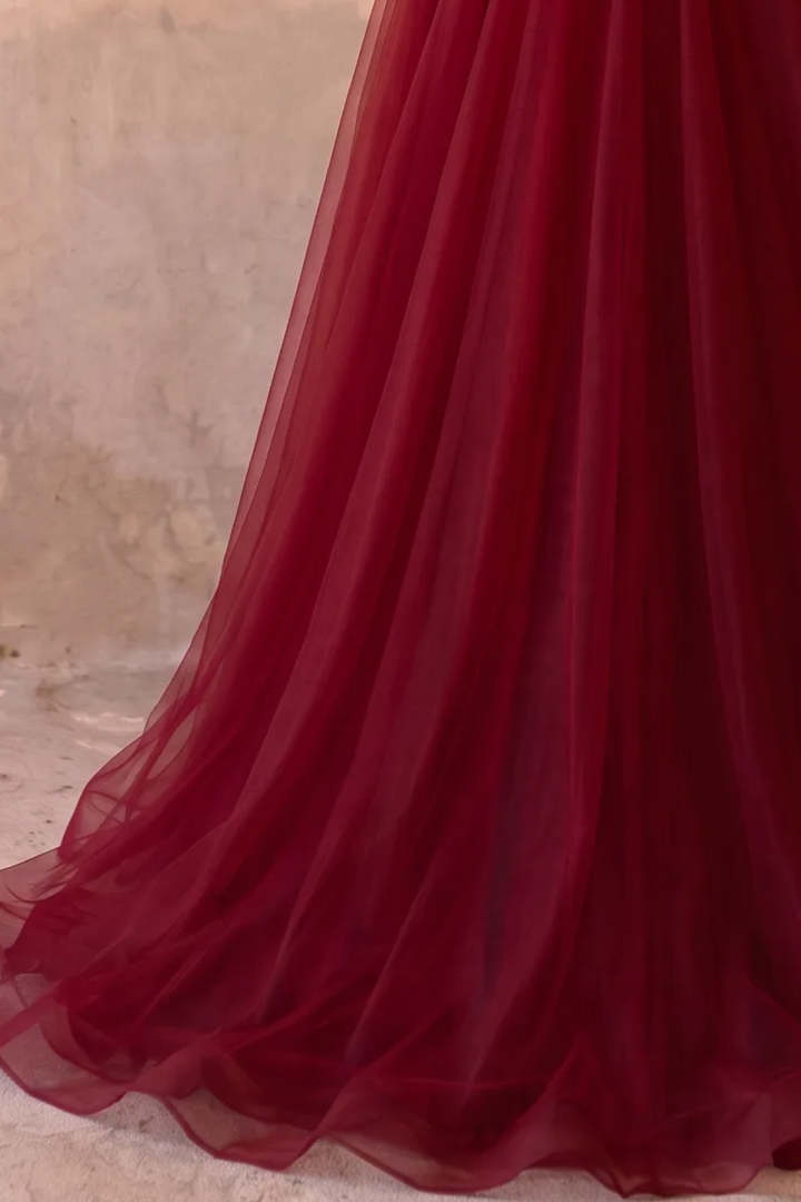 Burgundy Lace A-Line Tulle Prom Dress with Illusion Waist & Open Back Formal Gown Plus Size