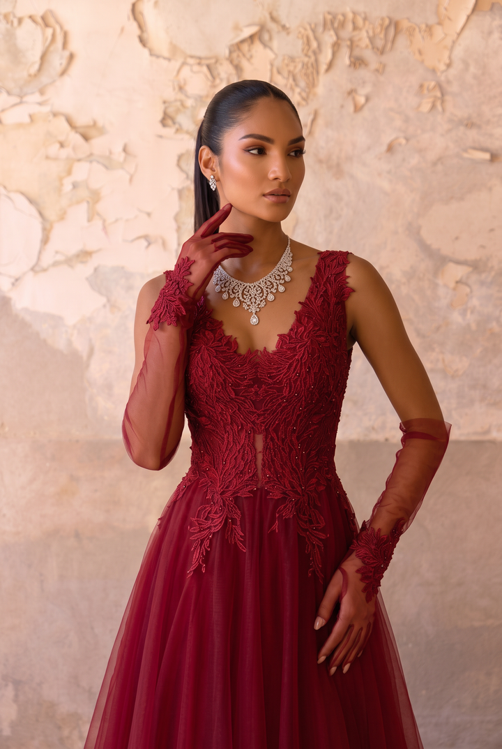 Burgundy Lace A-Line Tulle Prom Dress with Illusion Waist & Open Back Formal Gown Plus Size