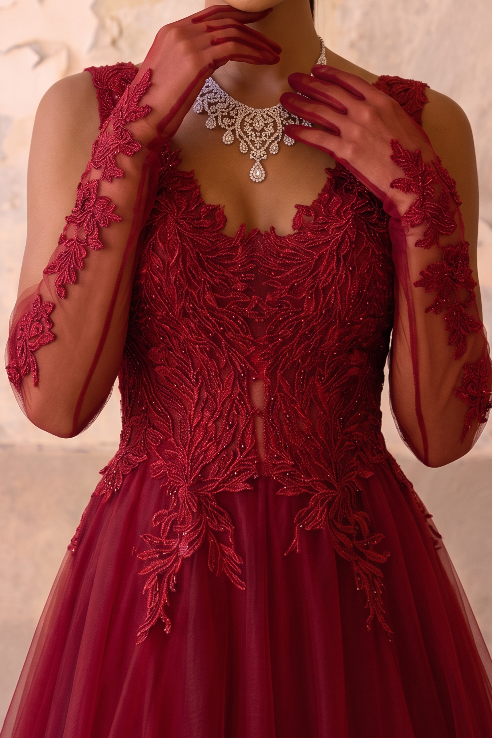 Burgundy Lace A-Line Tulle Prom Dress with Illusion Waist & Open Back Formal Gown Plus Size