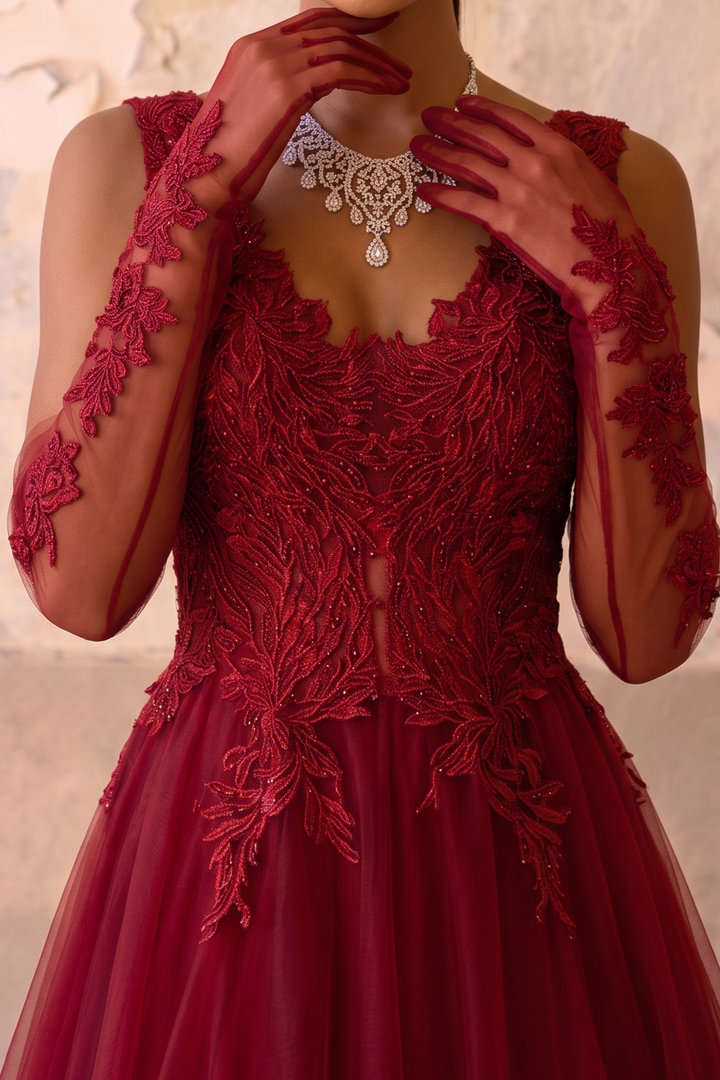 Burgundy Lace A-Line Tulle Prom Dress with Illusion Waist & Open Back Formal Gown Plus Size
