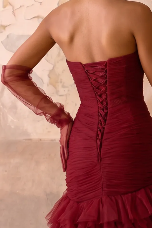 Burgundy Mermaid Evening Gown - Strapless Ruched Dress with Layered Tulle Ruffle Skirt - Corset Back Formal Dress Plus Size