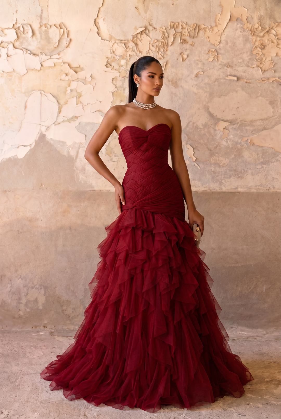 Burgundy Mermaid Evening Gown - Strapless Ruched Dress with Layered Tulle Ruffle Skirt - Corset Back Formal Dress Plus Size