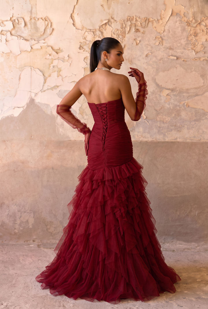 Burgundy Mermaid Evening Gown - Strapless Ruched Dress with Layered Tulle Ruffle Skirt - Corset Back Formal Dress Plus Size