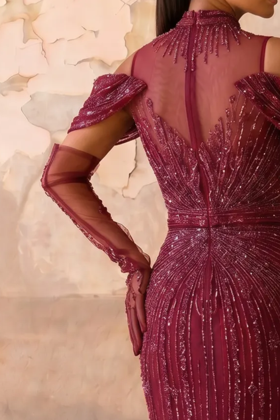 Burgundy Mermaid Evening Gown with Cold-Shoulder Neckline, Illusion High Neck and Hand-Beaded Embroidery Plus Size