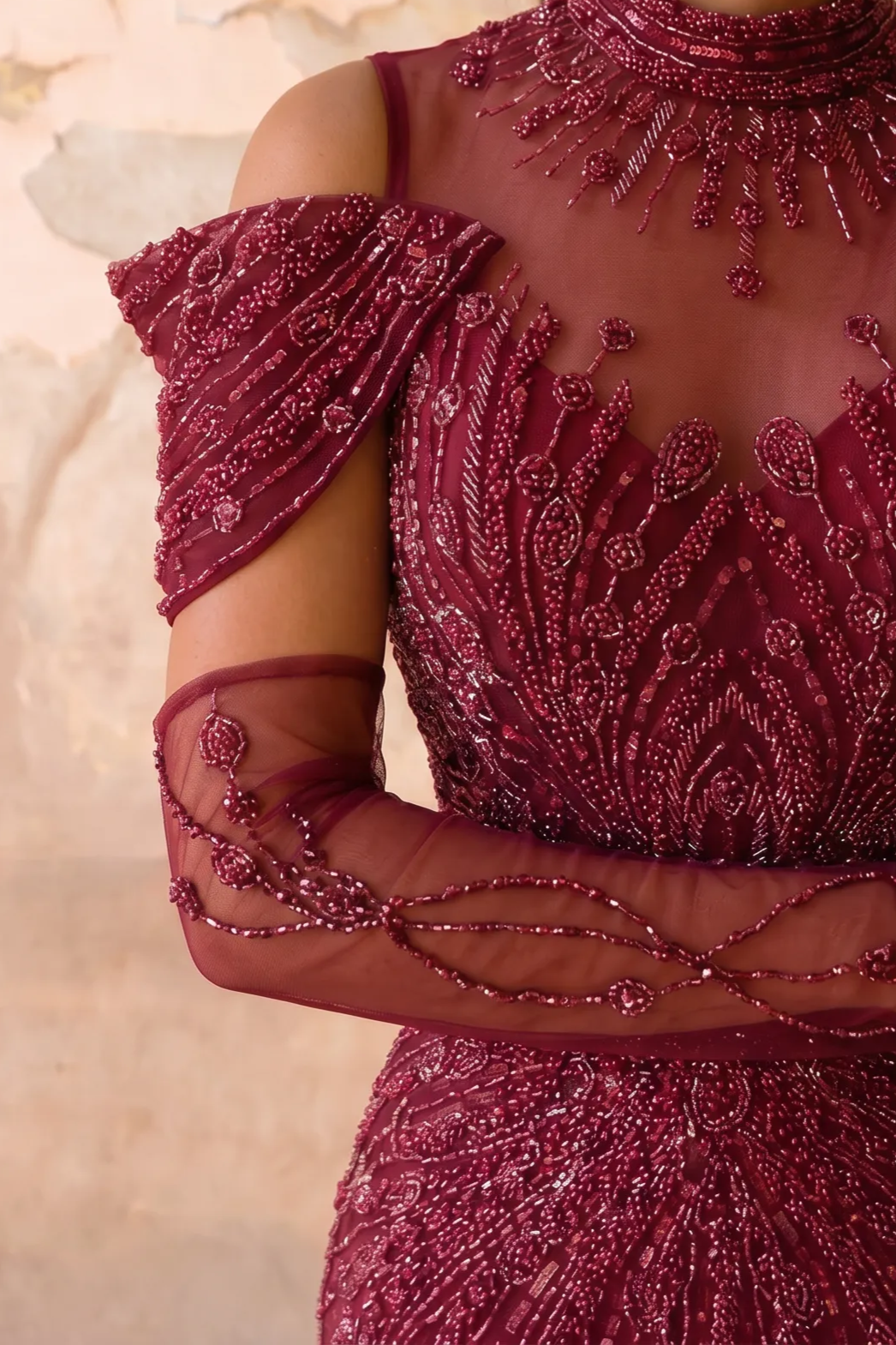 Burgundy Mermaid Evening Gown with Cold-Shoulder Neckline, Illusion High Neck and Hand-Beaded Embroidery Plus Size