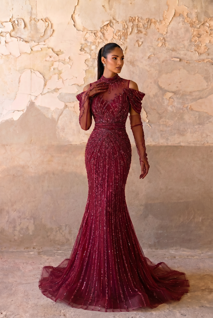 Burgundy Mermaid Evening Gown with Cold-Shoulder Neckline, Illusion High Neck and Hand-Beaded Embroidery Plus Size