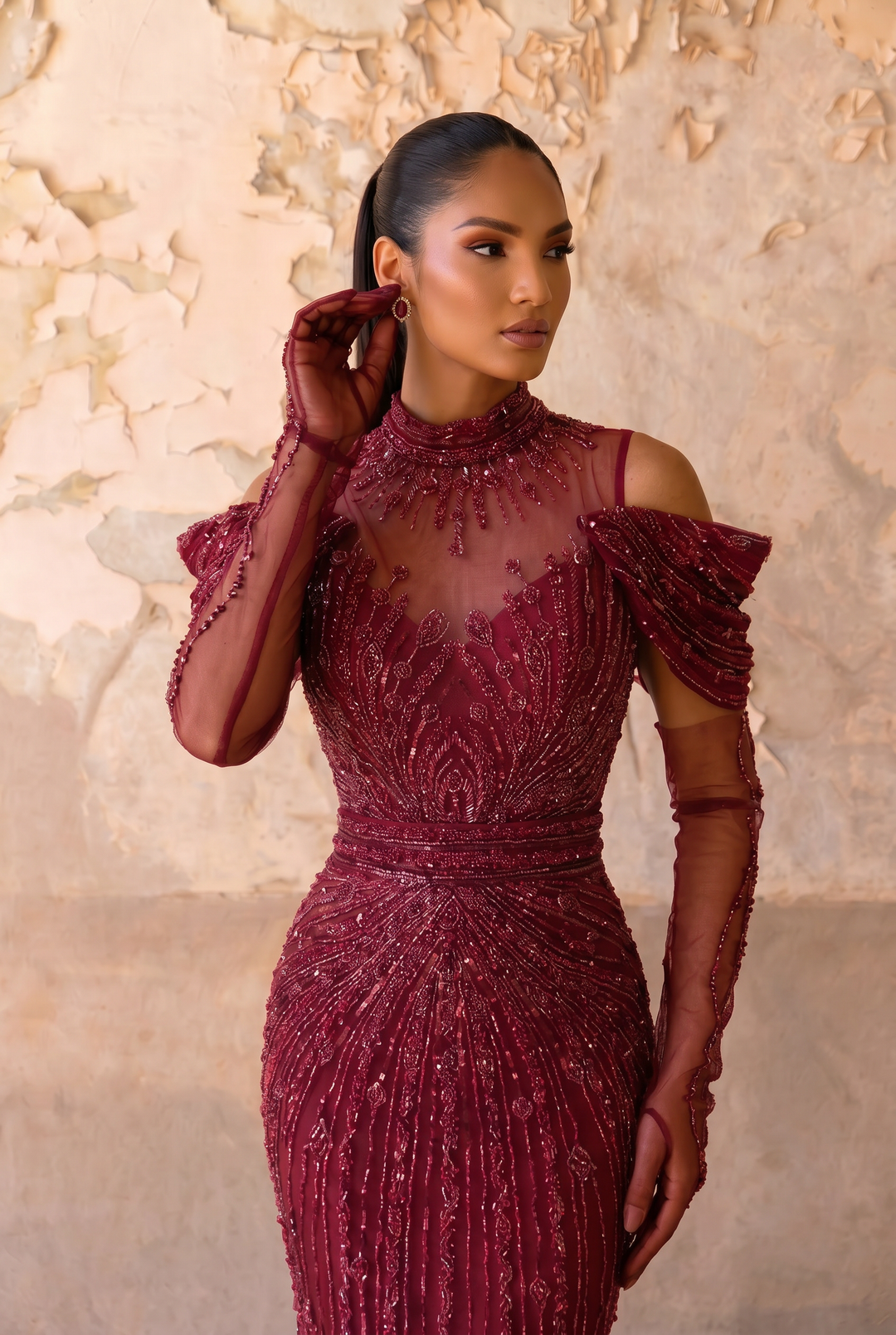 Burgundy Mermaid Evening Gown with Cold-Shoulder Neckline, Illusion High Neck and Hand-Beaded Embroidery Plus Size