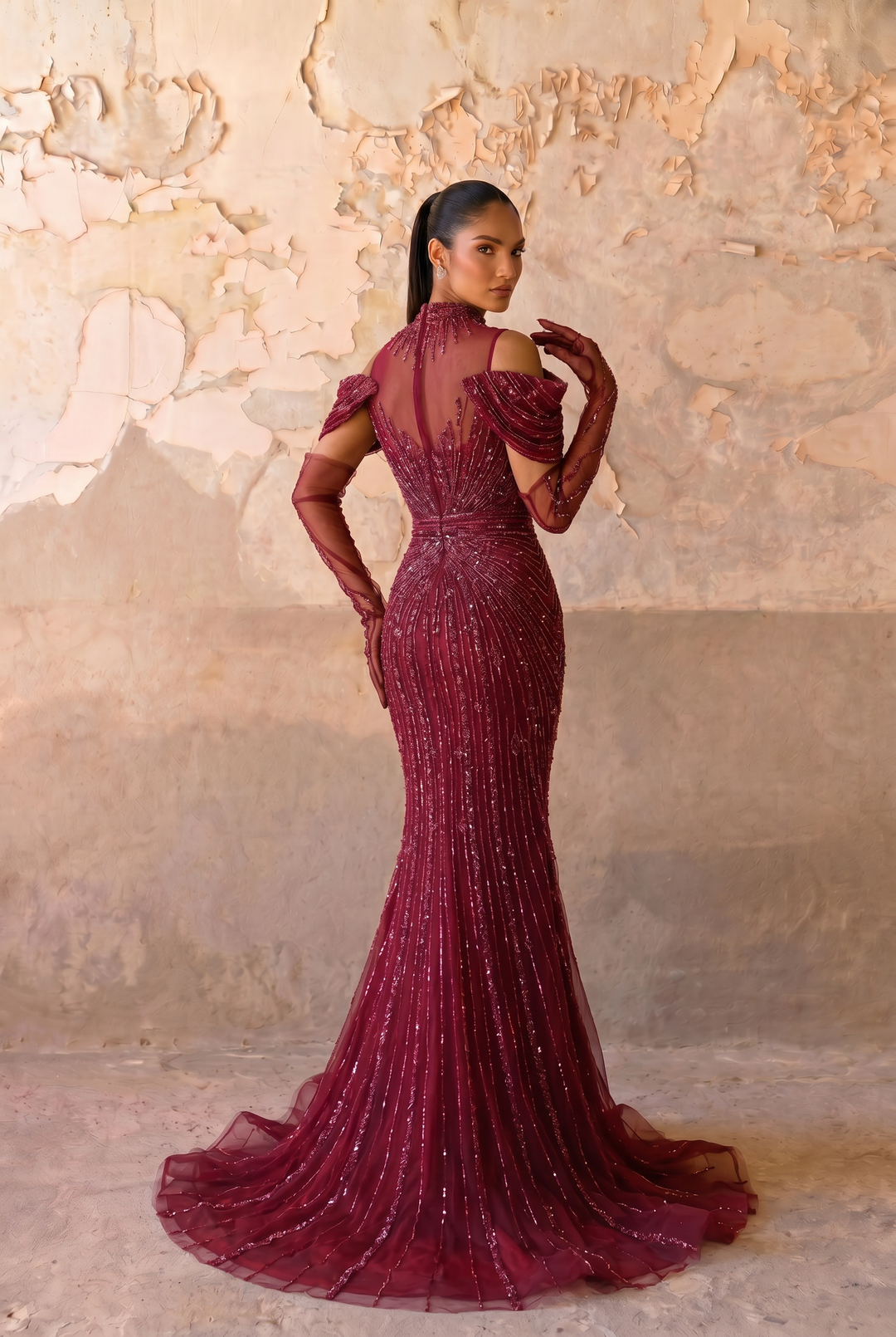 Burgundy Mermaid Evening Gown with Cold-Shoulder Neckline, Illusion High Neck and Hand-Beaded Embroidery Plus Size