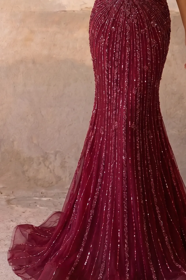 Burgundy Mermaid Evening Gown with Cold-Shoulder Neckline, Illusion High Neck and Hand-Beaded Embroidery Plus Size