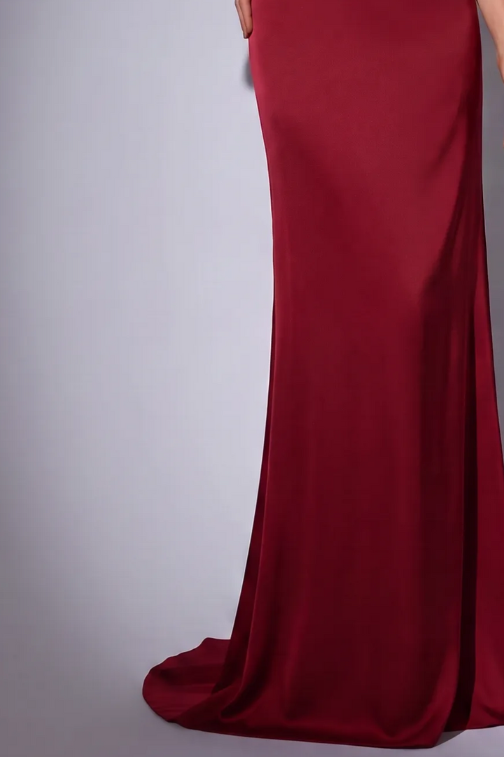Burgundy Off-the-Shoulder Evening Dress with Draped Neckline and Long Train Plus Size