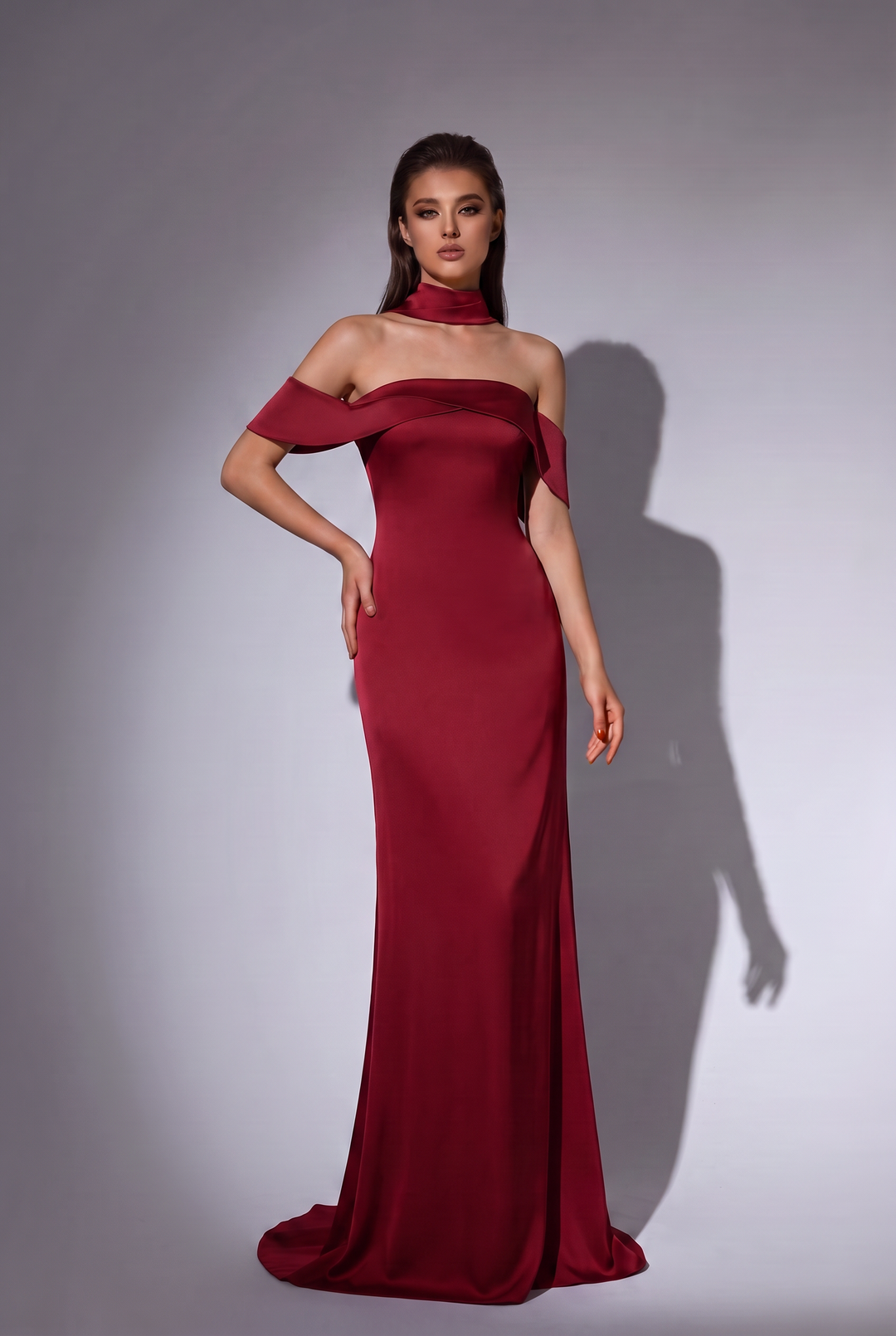 Burgundy Off-the-Shoulder Evening Dress with Draped Neckline and Long Train Plus Size