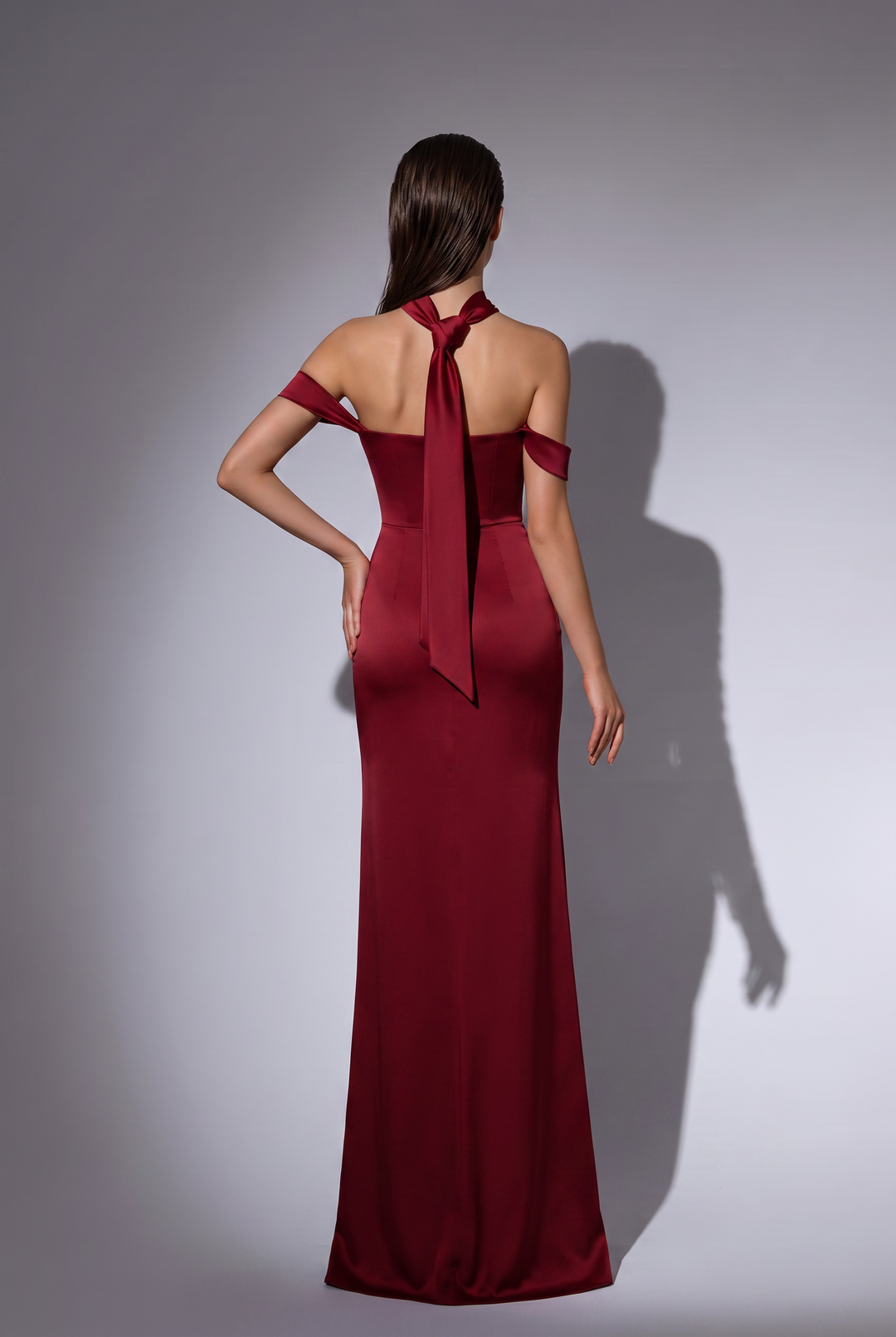 Burgundy Off-the-Shoulder Evening Dress with Draped Neckline and Long Train Plus Size