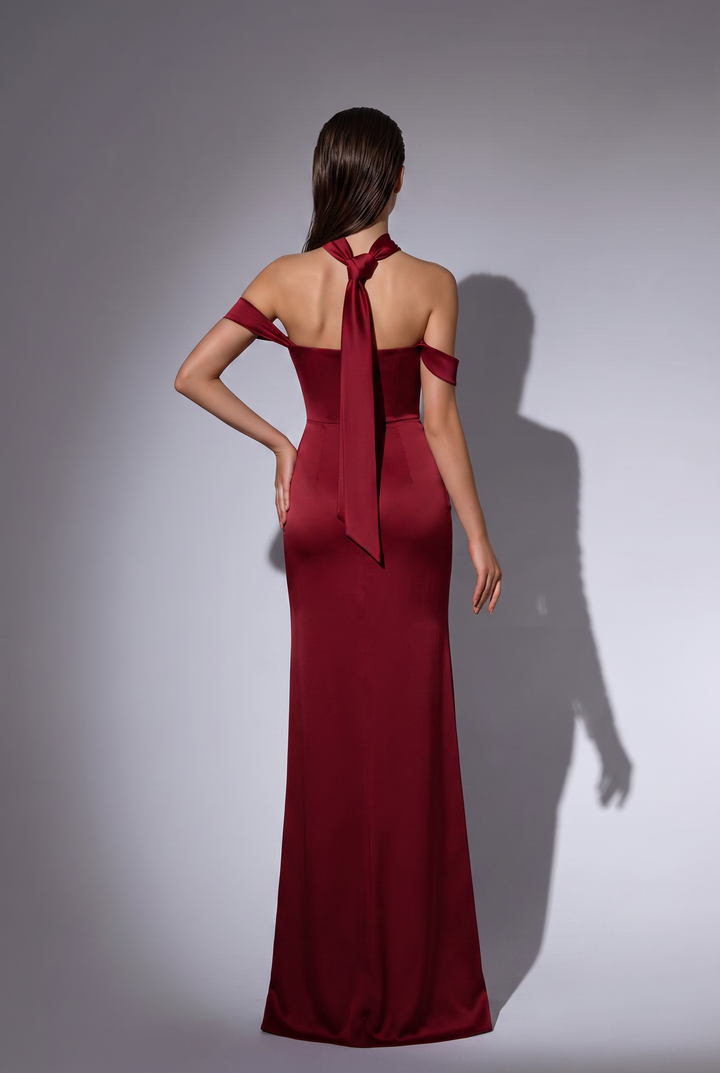 Burgundy Off-the-Shoulder Evening Dress with Draped Neckline and Long Train Plus Size