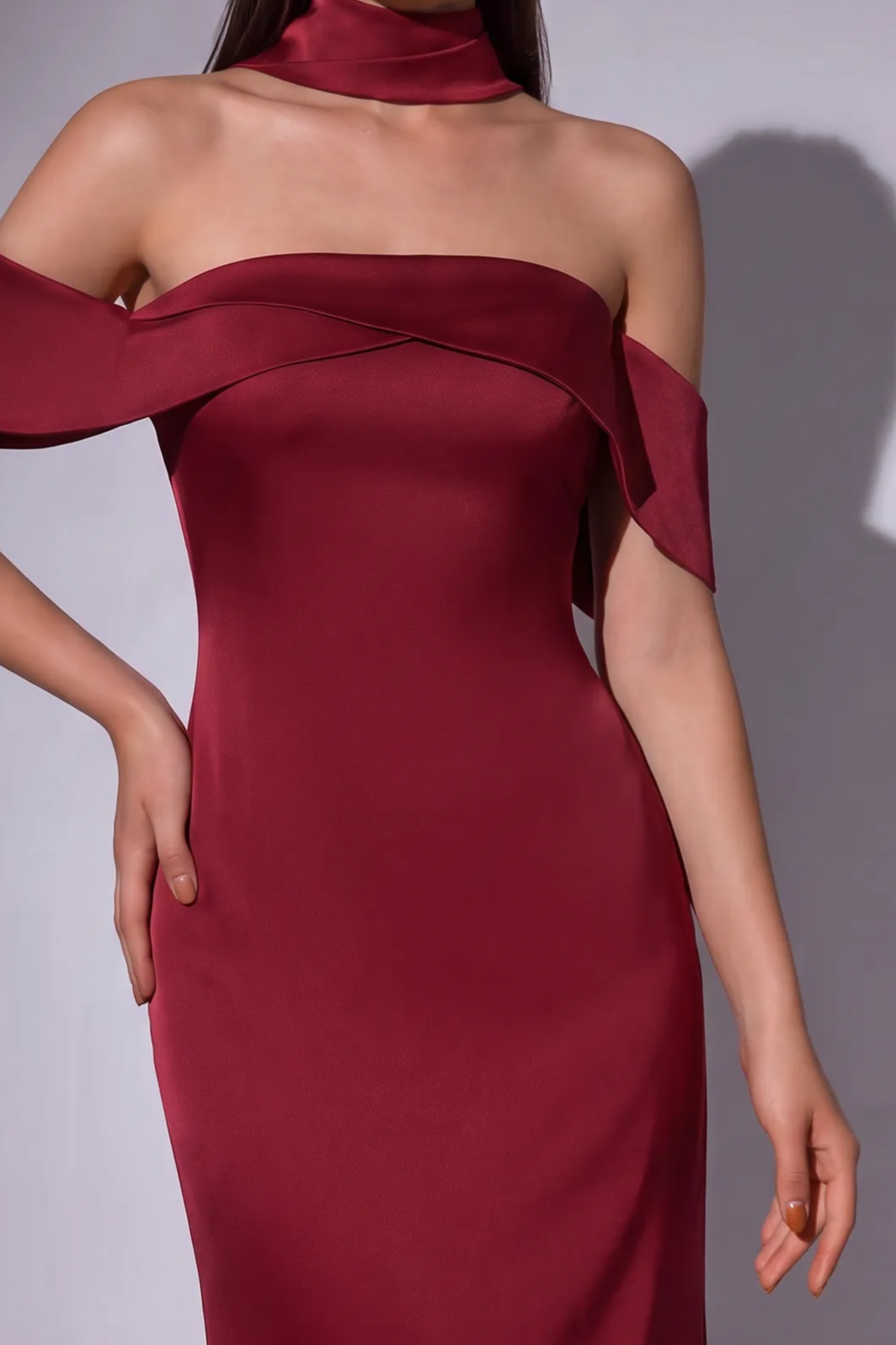 Burgundy Off-the-Shoulder Evening Dress with Draped Neckline and Long Train Plus Size