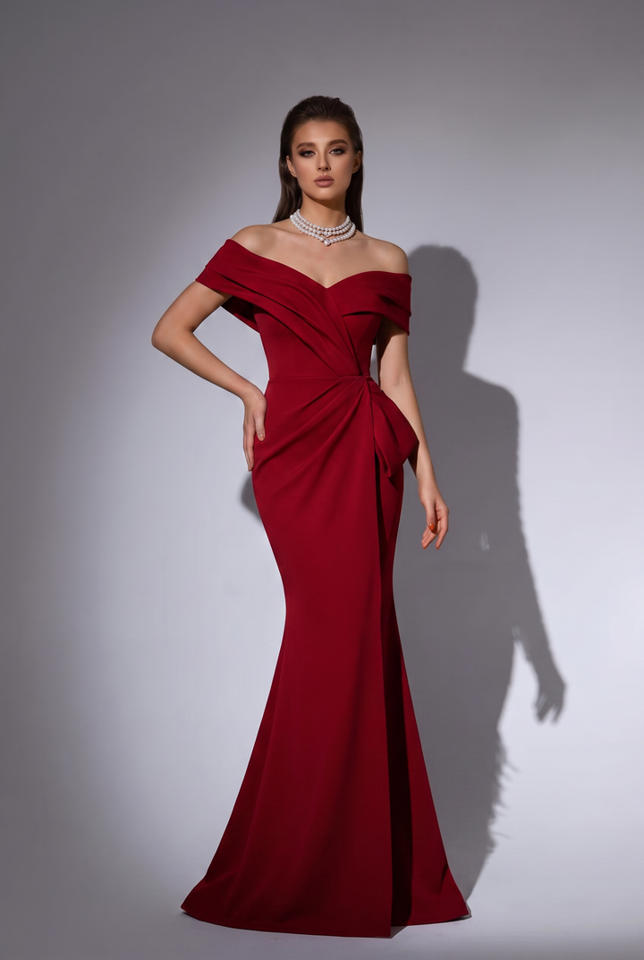 Burgundy Off the Shoulder Mermaid Prom Dress with Draped Satin Formal Gown Plus Size