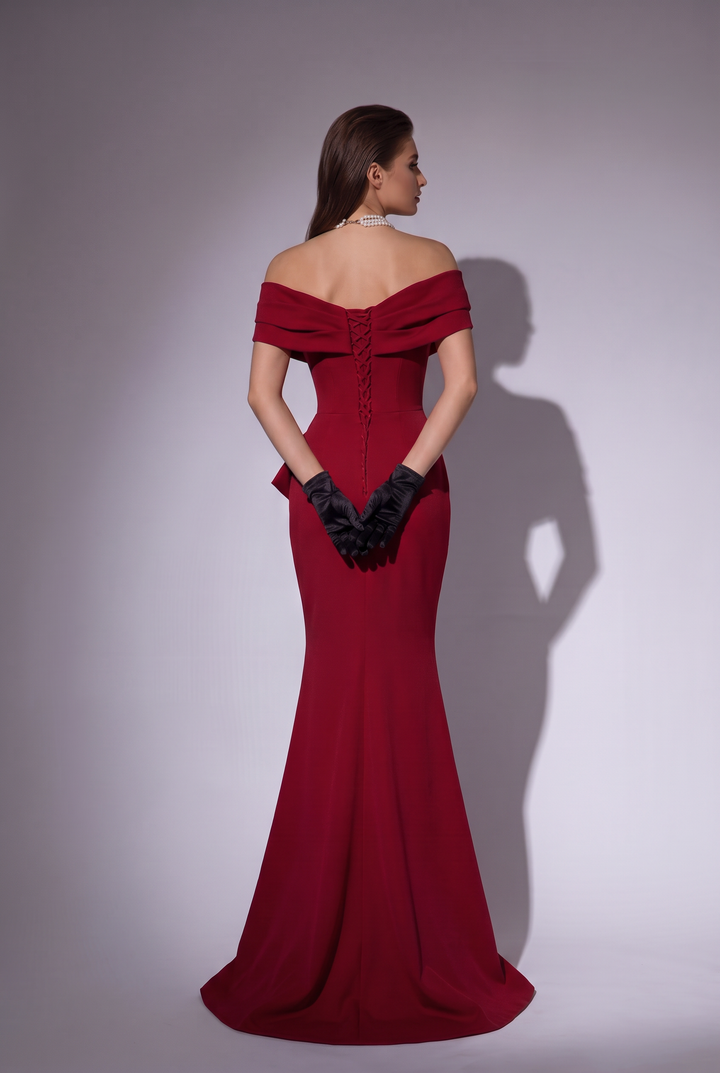 Burgundy Off the Shoulder Mermaid Prom Dress with Draped Satin Formal Gown Plus Size