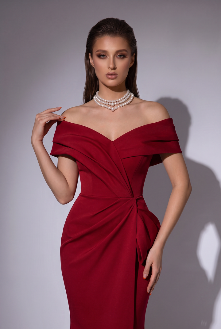 Burgundy Off the Shoulder Mermaid Prom Dress with Draped Satin Formal Gown Plus Size