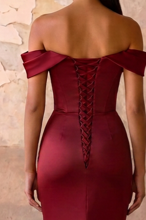Burgundy Off the Shoulder Satin Mermaid Evening Dress with Corset Back Plus Size