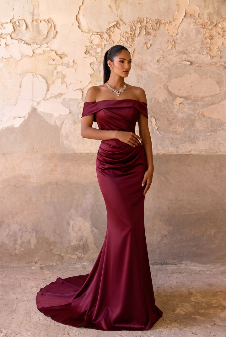 Burgundy Off the Shoulder Satin Mermaid Evening Dress with Corset Back Plus Size