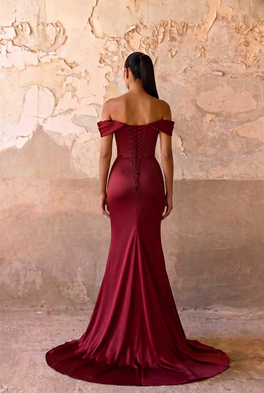 Burgundy Off the Shoulder Satin Mermaid Evening Dress with Corset Back Plus Size