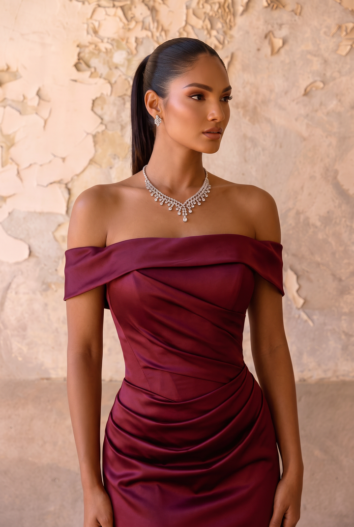 Burgundy Off the Shoulder Satin Mermaid Evening Dress with Corset Back Plus Size