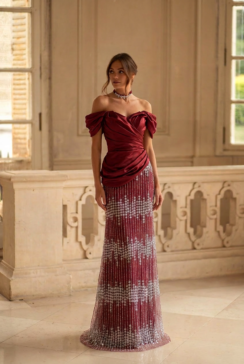 Burgundy Red Off-Shoulder Draped Satin Evening Gown with Crystal Beaded Skirt Slim Fit Formal Dress Couture Plus Size