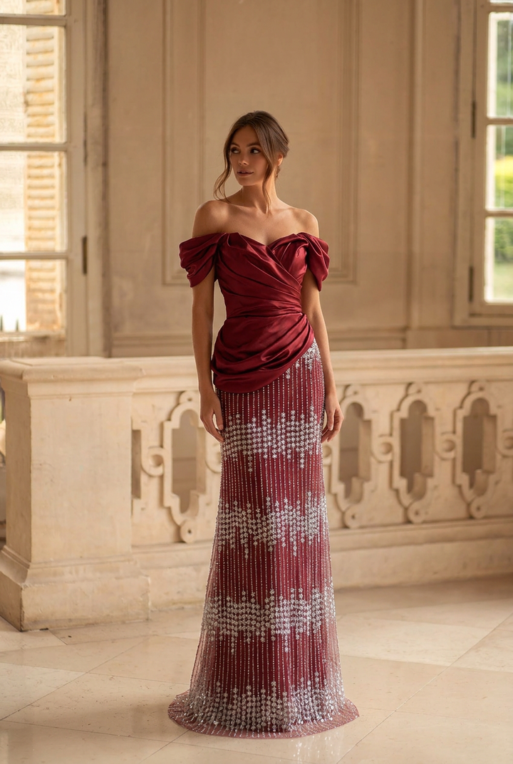 Burgundy Red Off-Shoulder Draped Satin Evening Gown with Crystal Beaded Skirt Slim Fit Formal Dress Couture Plus Size