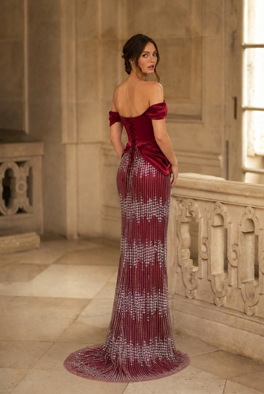 Burgundy Red Off-Shoulder Draped Satin Evening Gown with Crystal Beaded Skirt Slim Fit Formal Dress Couture Plus Size