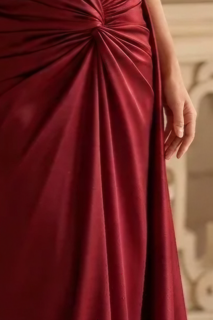 Burgundy Satin Evening Gown with Crystal Corset Bodice and Draped Skirt Elegant Off Shoulder Formal Dress Old Money Couture Gown Plus Size