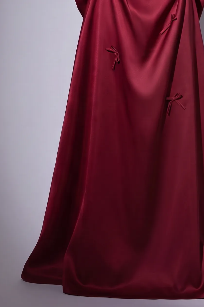 Burgundy Satin Off Shoulder Evening Gown - Corset Back Formal Dress with Statement Bow - Elegant Long Sleeve-Free Gown Plus Size