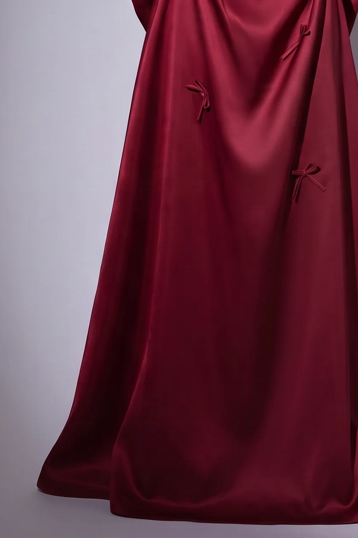 Burgundy Satin Off Shoulder Evening Gown - Corset Back Formal Dress with Statement Bow - Elegant Long Sleeve-Free Gown Plus Size