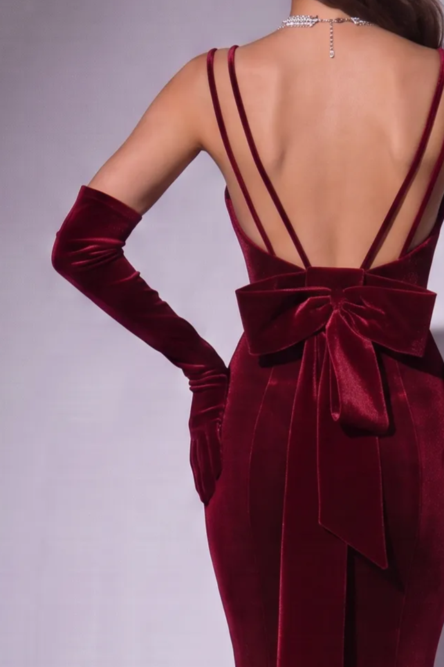 Burgundy Velvet Mermaid Evening Gown with Bow Back - Cowl Neck Velvet Dress with Double Straps - Elegant Formal Gown Plus Size