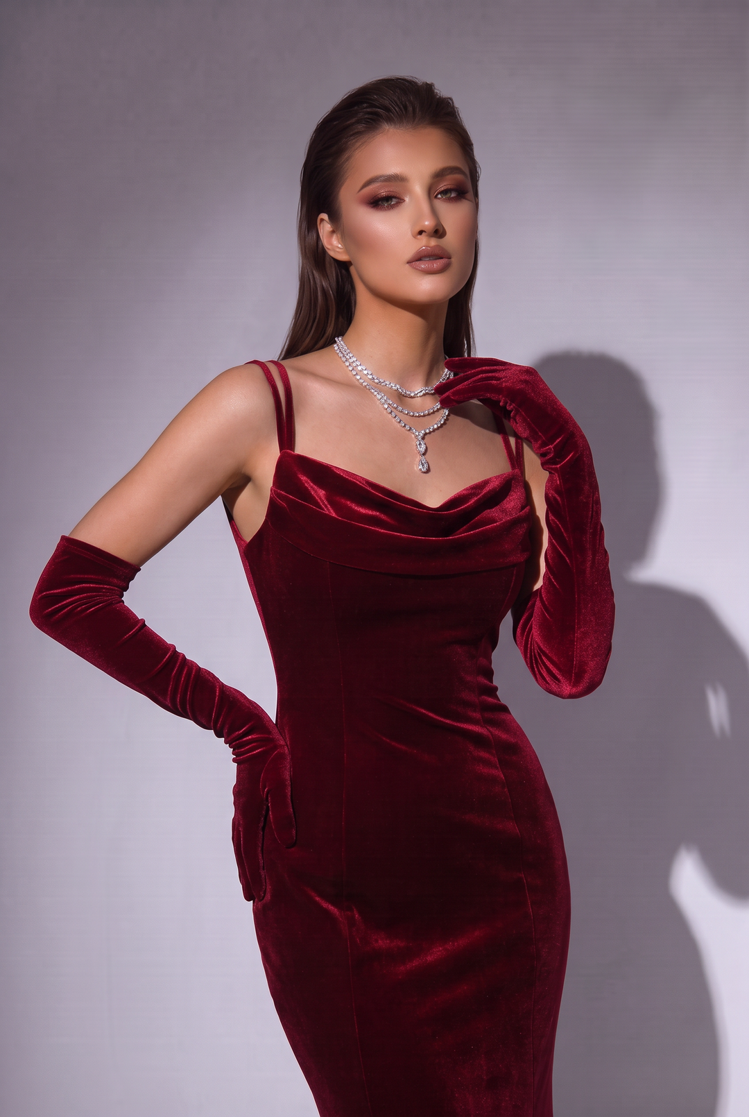 Burgundy Velvet Mermaid Evening Gown with Bow Back - Cowl Neck Velvet Dress with Double Straps - Elegant Formal Gown Plus Size
