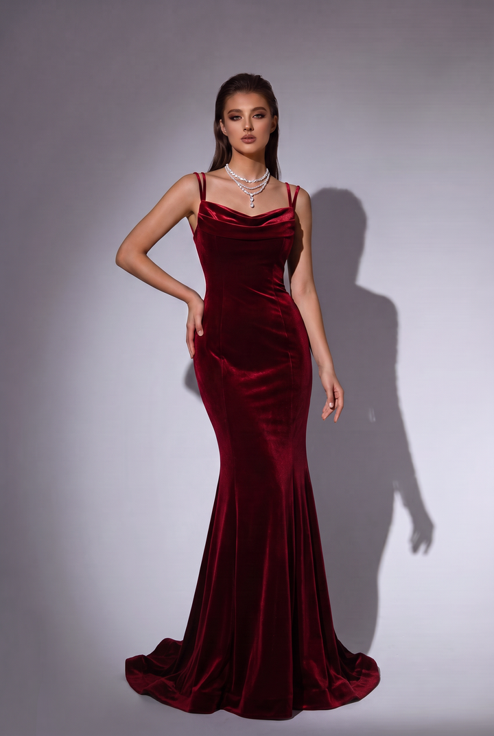 Burgundy Velvet Mermaid Evening Gown with Bow Back - Cowl Neck Velvet Dress with Double Straps - Elegant Formal Gown Plus Size