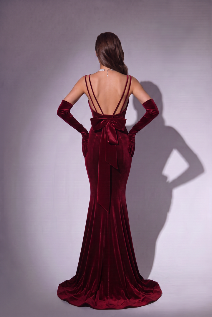 Burgundy Velvet Mermaid Evening Gown with Bow Back - Cowl Neck Velvet Dress with Double Straps - Elegant Formal Gown Plus Size