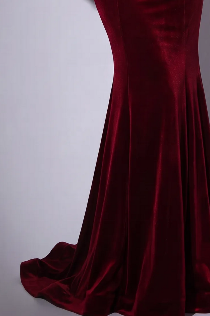 Burgundy Velvet Mermaid Evening Gown with Bow Back - Cowl Neck Velvet Dress with Double Straps - Elegant Formal Gown Plus Size