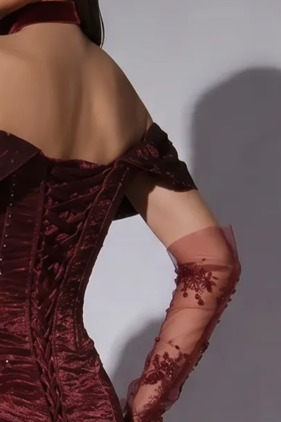 Burgundy Crinkled Satin Evening Dress - Elegant Off-the-Shoulder Red Evening Gown with Corset Plus Size