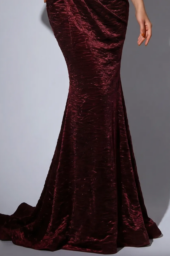 Burgundy Crinkled Satin Evening Dress - Elegant Off-the-Shoulder Red Evening Gown with Corset Plus Size